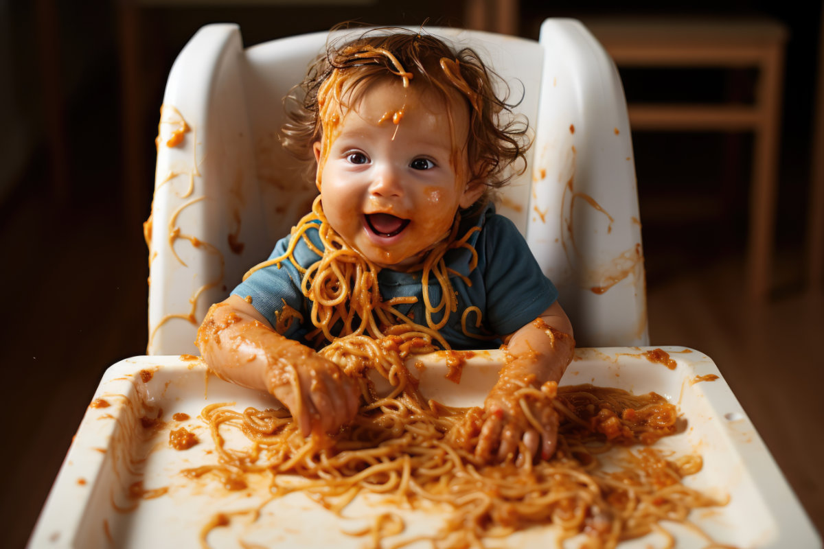 Dítě dělá nepořádek s jídlem. Špagety má všude po obličeji.